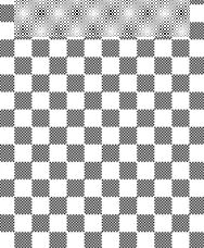 Modello a scacchi in bianco e nero visto dall'alto, che nella parte superiore si trasforma in un motivo punteggiato fitto e fine con intensità variabile di grigio
