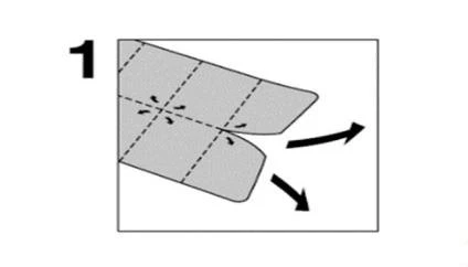 Schema illustrativo con il numero 1 che mostra la piegatura di un rettangolo grigio lungo le linee tratteggiate di riferimento mediante frecce direzionali nere