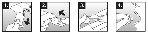 Quattro schemi illustrativi delle istruzioni: 1. rimozione della fiala dalla confezione, 2. rimozione del tappo, 3. preparazione della siringa, 4. aspirazione del farmaco dalla fiala
