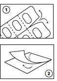 Instruction diagram: step one shows removing the strip with tablets, step two illustrates unwrapping the drug's paper packaging