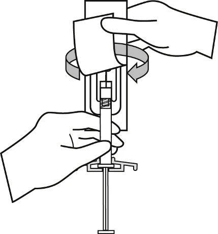 Hands holding a syringe with needle, one hand lifting the cap while the other stabilizes the device in an upright position during preparation for use