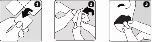 Tres esquemas de instrucciones: 1. abrir el envase, 2. sacar la pastilla del blíster, 3. colocar la pastilla en la boca del paciente