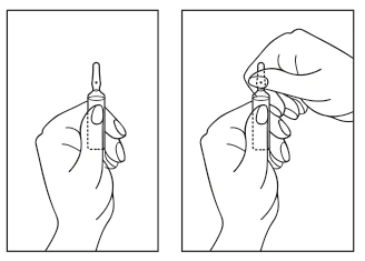 Dos instrucciones dibujadas mostrando una mano sosteniendo un frasco y la otra mano desenroscando la parte superior del frasco para preparar el medicamento