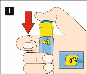 Hand holding a blue-yellow injector with a red arrow pointing downward and a magnified view of the indicator showing 0 mg
