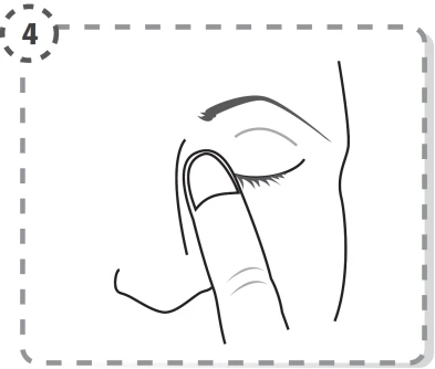 Line drawing showing an index finger touching a closed eye with visible eyelashes and eyebrow against a facial contour background
