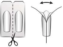 Diagram showing the separation of the packaging into two parts by cutting it with scissors and opening the resulting halves to the sides