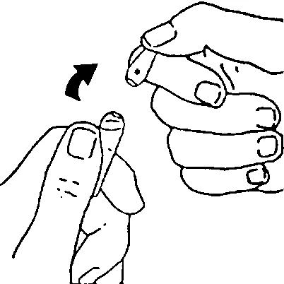 Disegno che mostra due mani, una delle quali tiene un piccolo oggetto mentre l'altra esegue un movimento rotatorio indicato da una freccia nera