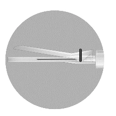 Disegno schematico di un dispositivo medico bianco di forma allungata con un elemento nero e una linea verticale su sfondo grigio
