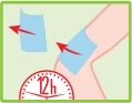 Esquema que muestra la retirada de un vendaje del brazo y flechas rojas que indican la dirección, junto a un reloj con la indicación '12h' sobre un fondo claro