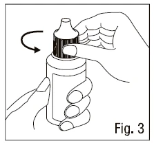Two hands holding a medicine bottle, one hand unscrewing the cap in the direction indicated by a black rotational arrow