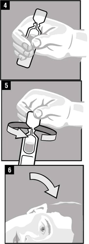 Tres esquemas de instrucciones: una mano sosteniendo un frasco, una mano girando el frasco con una flecha y una flecha que indica la dirección del movimiento sobre la cabeza de un paciente