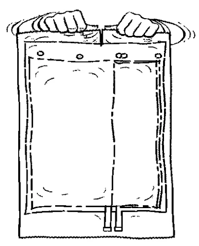 Two hands holding a vertically upright rectangular medical bag with two fluid outlet tubes at the bottom and an open zipper at the top