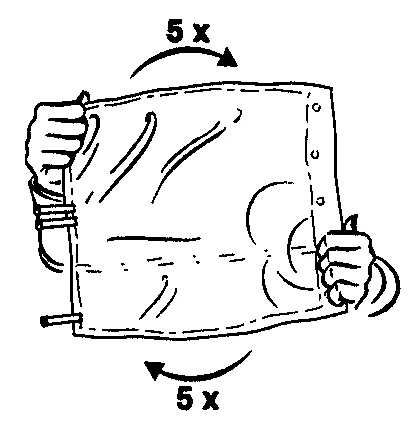 Two hands stretching a rectangular material in opposite directions, with arrows labeled 5x indicating the movement should be repeated five times