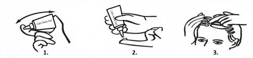 Three illustrations showing gel application: 1. shaking the tube, 2. squeezing the product onto a finger, 3. massaging the product into the scalp