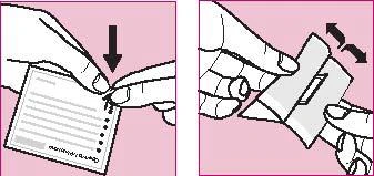 Two hands tearing open a medication package, left hand holding a rectangular sachet, right hand peeling the top part downwards and sideways