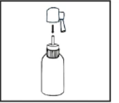 Schema che illustra il fissaggio dell'inalatore sulla boccetta del farmaco, indicato da una freccia nera rivolta verso il basso