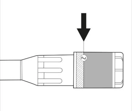Disegno schematico di un dispositivo medico con una freccia nera diretta verticalmente verso il basso su un elemento grigio con un simbolo circolare del numero due