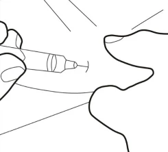 Mano che tiene una siringa con ago che si avvicina alla pelle per somministrare il farmaco, rappresentato come disegno schematico lineare