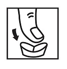 Black icon showing a finger pressing the top of a small medication container, indicating downward movement with a downward arrow