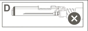Disegno schematico che mostra un componente di un dispositivo medico con un grande simbolo X su un cerchio scuro, che indica un uso improprio o un errore