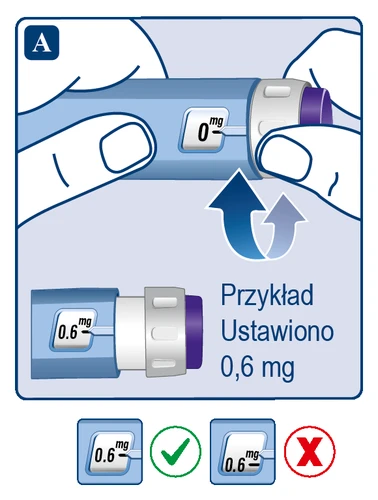 Mani che impugnano un iniettore blu con display a 0 mg, esempio di impostazione della dose a 0,6 mg e confronto tra impostazione corretta e errata della dose