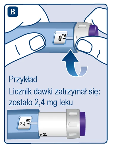 Primo piano su mani che impugnano un iniettore blu con contatore a 0 mg e schema che mostra il dispositivo con valore del farmaco a 2,4 mg