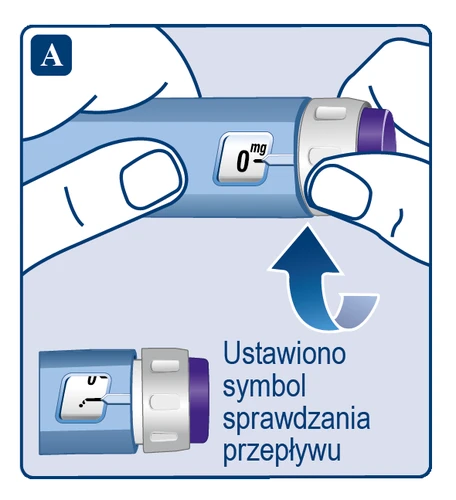 Mani che impugnano un iniettore blu con display a 0 mg e freccia che indica il movimento rotatorio per impostare il simbolo di controllo del flusso