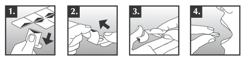 Quattro pannelli di istruzioni: 1. mani che tengono l'imballaggio, 2. rimozione di un componente, 3. dispiegamento del dispositivo, 4. linea curva del prodotto