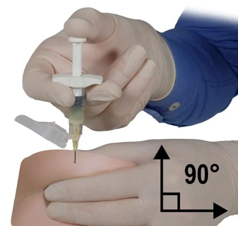 A hand in a white glove holding a syringe with a needle, preparing to administer an injection at a 90-degree angle into the patient's arm