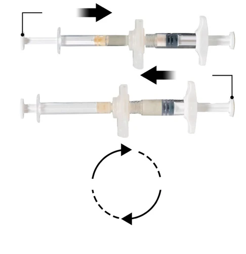 Two syringes with black arrows showing plunger movement and a circular arrow suggesting rotation of the device during medication administration