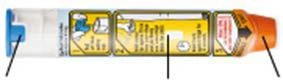 Esquema horizontal de las instrucciones de uso del inyector con campos explicativos amarillos, extremo azul y dosificador naranja