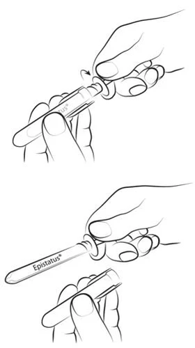 Illustration showing two pairs of hands preparing and using the Epistatus preparation in a small vial with an applicator
