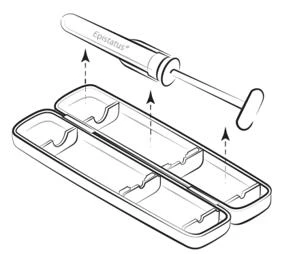 Disegno schematico che mostra l'applicatore Epistatus aperto e il suo astuccio lungo e diviso in due con fori sagomati per il dispositivo