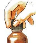 Hand with fingers firmly gripping and unscrewing a dark brown cap from a glass medicine bottle on a light background