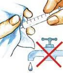 Hands holding a syringe with a needle and a tap with dripping water crossed out with a red X on a white background