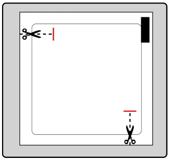 Schema delle istruzioni per il taglio con icone di forbici posizionate su linee tratteggiate e marcatori rossi su sfondo bianco entro una cornice grigia