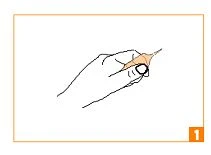Illustration showing a hand holding a small object or ampoule between the thumb and index finger on a white background with an orange border