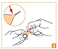 Two hands holding a small object, a red arrow indicating the direction of movement, and an enlarged detail view showing a cutting line on the object