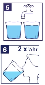 Schema delle istruzioni: il passo 5 mostra due bicchieri pieni d'acqua, mentre il passo 6 rappresenta una persona che beve acqua da un bicchiere con l'indicazione di ripetere due volte ogni mezz'ora