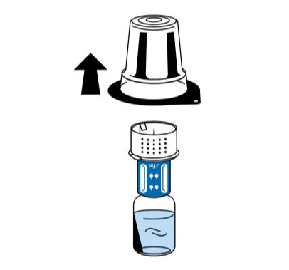 Schema che illustra la rimozione di un cappuccio bianco superiore verso l'alto e una fiala blu-bianca contenente un medicinale nella parte inferiore del disegno