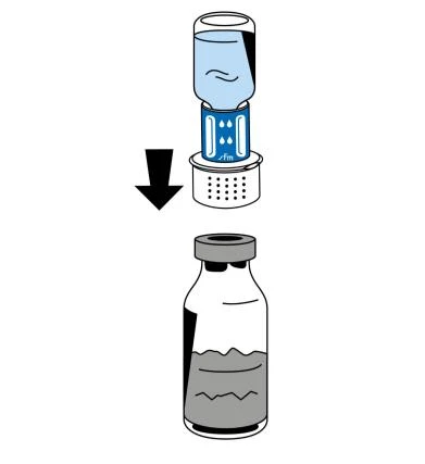 Schema che mostra il posizionamento di una fiala di vetro contenente liquido blu su un adattatore bianco, con una freccia nera che indica il movimento verso il basso verso una fiala più piccola