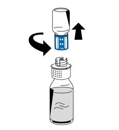 Schema che illustra la rimozione di un tappo blu dalla fiala del farmaco mediante un movimento rotatorio indicato da frecce nere