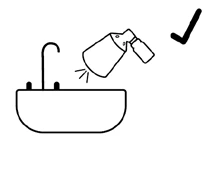 Icono negro que representa el vertido de líquido desde el dispensador al lavabo con grifo, junto al cual se encuentra un símbolo de confirmación con marca de verificación