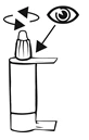 Diagram showing an eye looking at a rotating cap of a dropper bottle, indicating the direction of rotation and the target site for medication application