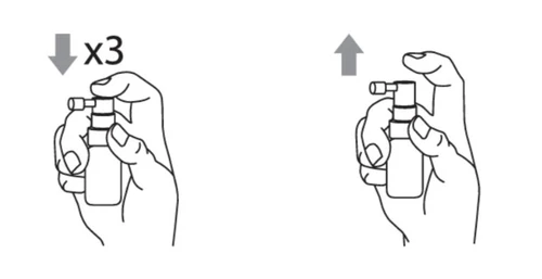 Due istruzioni schematiche che mostrano mani che impugnano un flacone con erogatore, con frecce verticali dirette verso il basso e verso l'alto