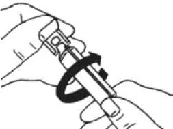 Dos manos sujetando un bolígrafo para inyección, una mano estabiliza el dispositivo y la otra realiza un movimiento giratorio indicado por una flecha negra
