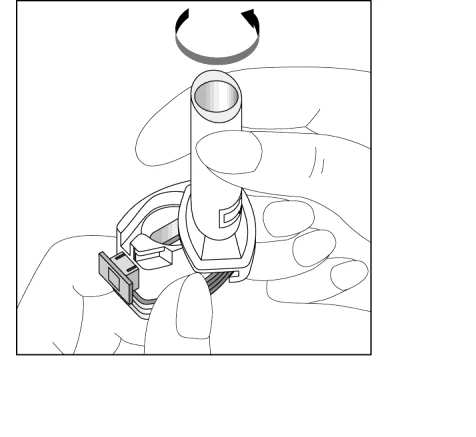 Hands holding a medical device with a black arrow indicating rotational movement of the upper part to unscrew or prepare the medication