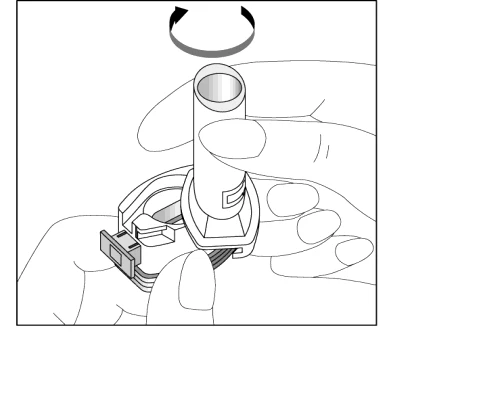 Hands holding a white cylinder being rotated according to a black arrow to connect it with the lower part of the medical device