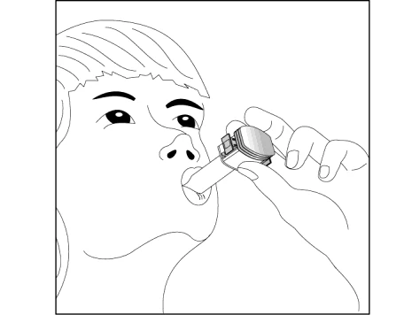 Illustration showing a person holding an inhaler to their mouth and inhaling medication through the mouthpiece using their hand