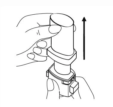 Hand holding an inhaler with a black arrow pointing upward, indicating the motion of separating the upper part of the device from the lower base